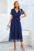 Sequin Leaf Embroidery Tie Front Short Sleeve Dress-Teresa's Fashionista LLC