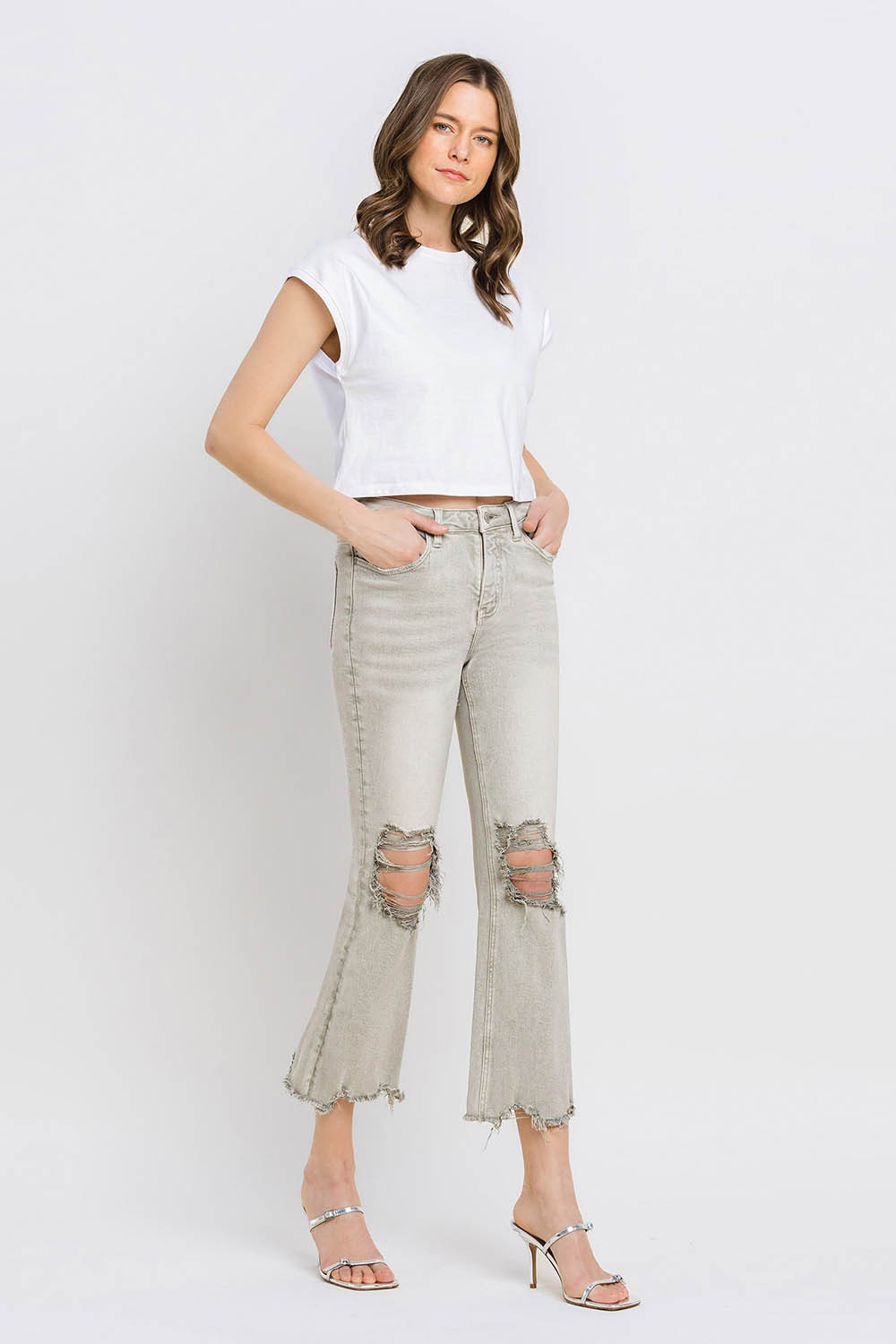 Lovervet Distressed Raw Hem Cropped Flare Jeans - Teresa's Fashionista LLC