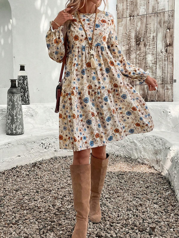 Tiered Floral Round Neck Long Sleeve Dress - Teresa's Fashionista LLC