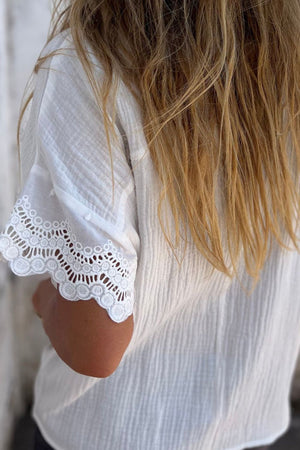 Lace Detail Collared Neck Short Sleeve Blouse-Teresa's Fashionista LLC