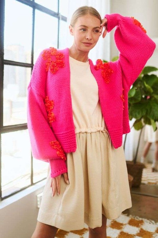 Davi & Dani Floral Applique Open Front Drop Shoulder Cardigan - Teresa's Fashionista LLC