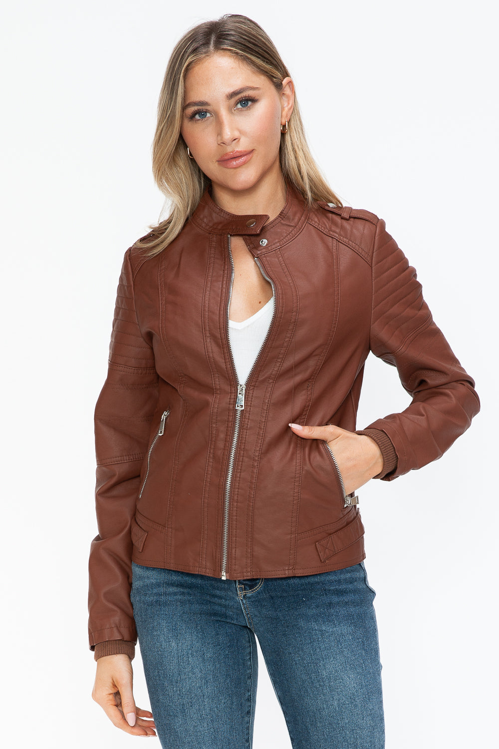 Snobbish PU Leather Biker Jacket with Side Zip Pockets - Teresa's Fashionista LLC