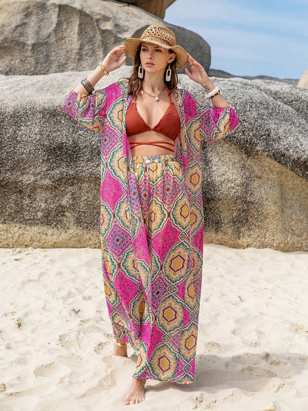 Printed Open Front Cardigan and Pants Set-Teresa's Fashionista LLC