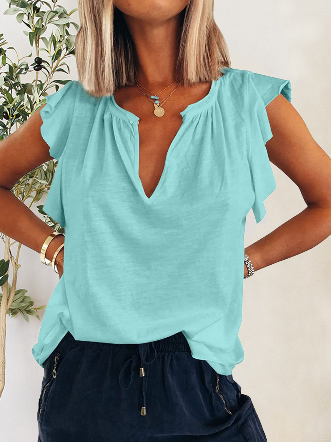 Ruffled Notched Cap Sleeve T-Shirt-Teresa&#39;s Fashionista LLC