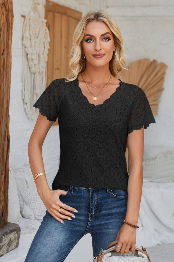 Eyelet V-Neck Lace Short Sleeve T-Shirt-Teresa's Fashionista LLC