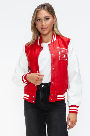 Love Me Now PU Leather Contrast Snap Down Bomber Jacket - Teresa's Fashionista LLC