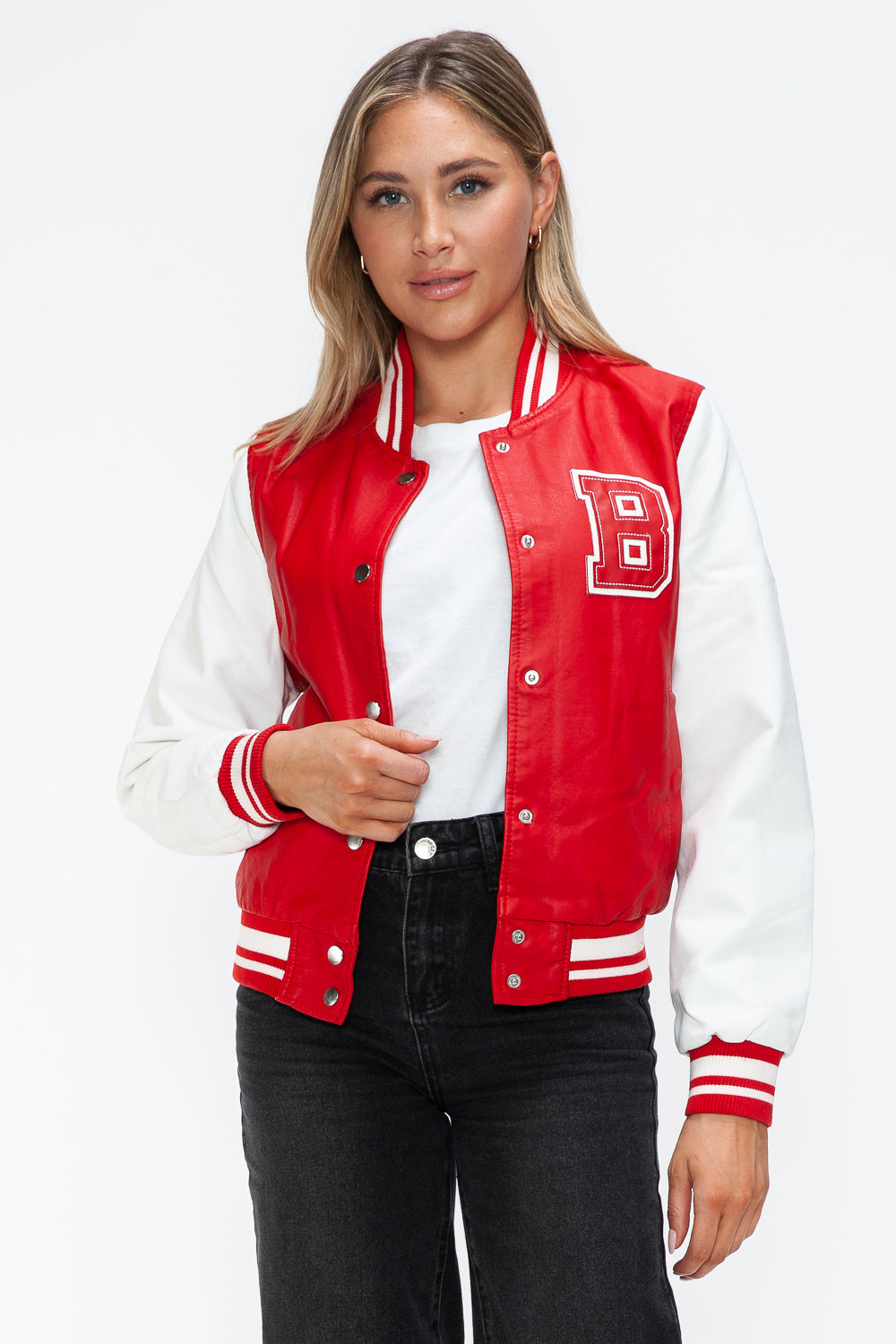 Love Me Now PU Leather Contrast Snap Down Bomber Jacket - Teresa's Fashionista LLC