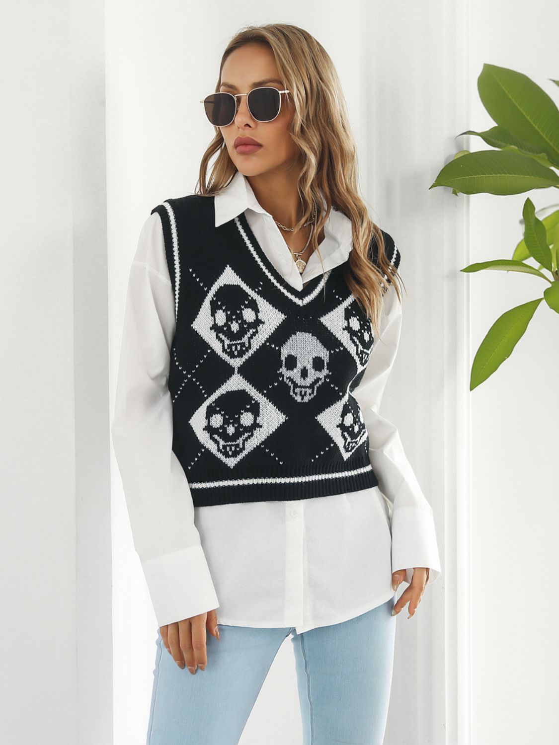 Skull Contrast V-Neck Sweater Vest - Teresa's Fashionista LLC
