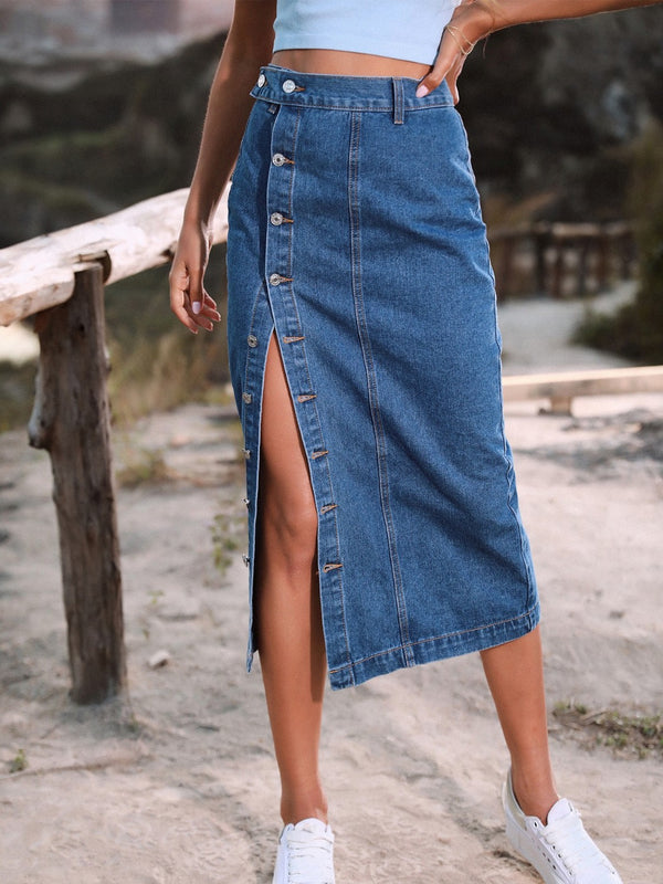 Button Down Denim Skirt-Teresa's Fashionista LLC
