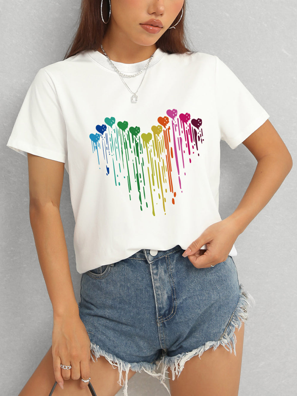 Heart Round Neck Short Sleeve T-Shirt-Teresa's Fashionista LLC