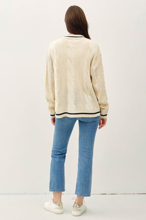 Be Cool Contrast Trim Cable-Knit V-Neck Cardigan - Teresa's Fashionista LLC