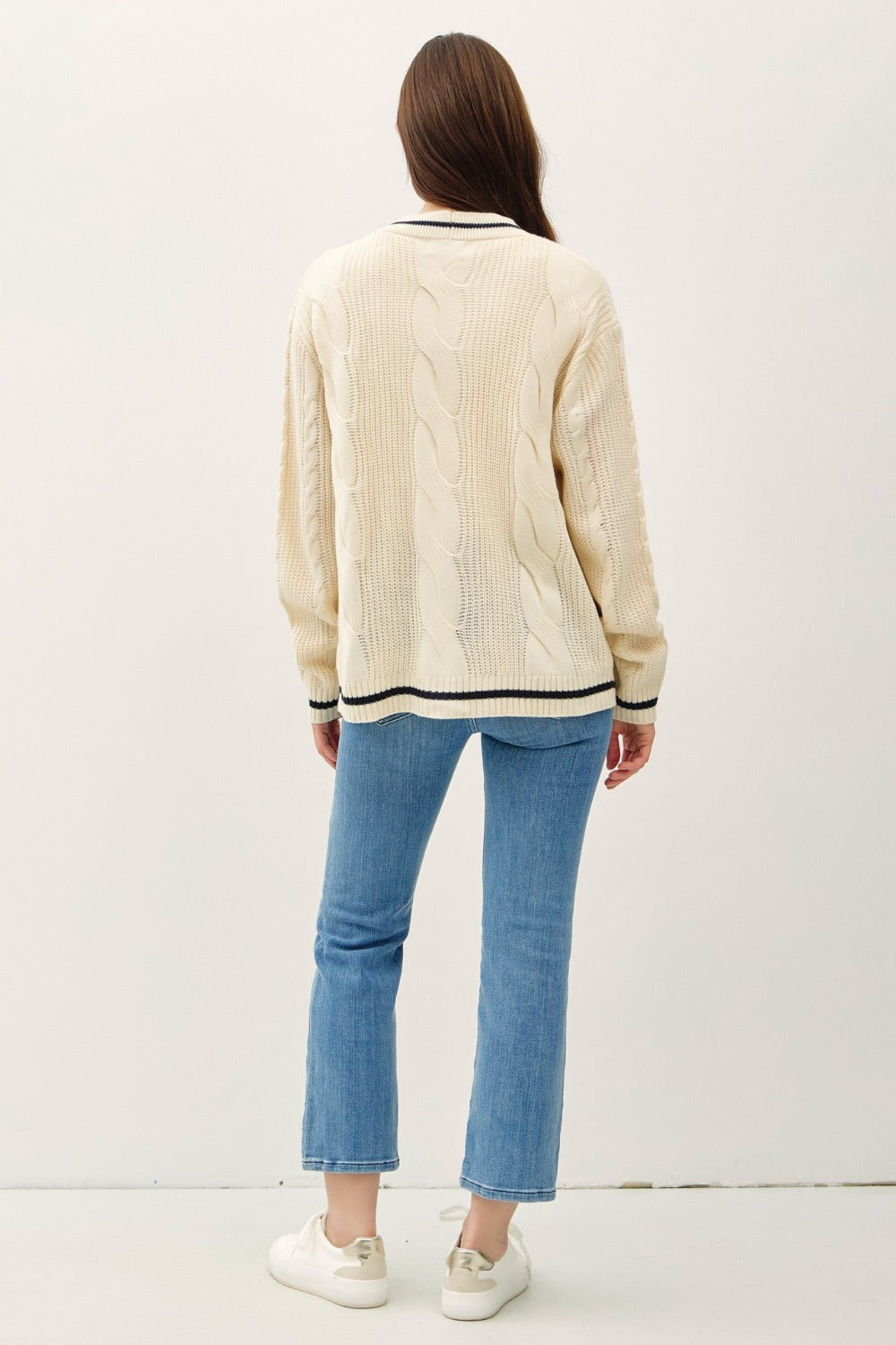 Be Cool Contrast Trim Cable-Knit V-Neck Cardigan - Teresa's Fashionista LLC