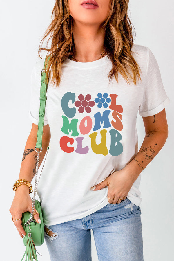 COOL MOMS CLUB round neck short sleeve T-shirt with colorful graphic design.
