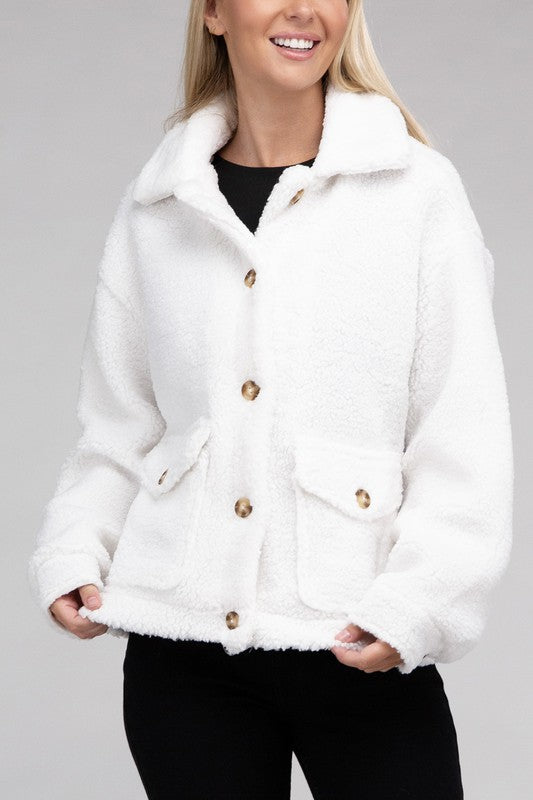 Cozy Sherpa Button-Front Jacket-Teresa's Fashionista LLC