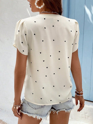 Heart Print Notched Petal Sleeve Blouse-Teresa's Fashionista LLC