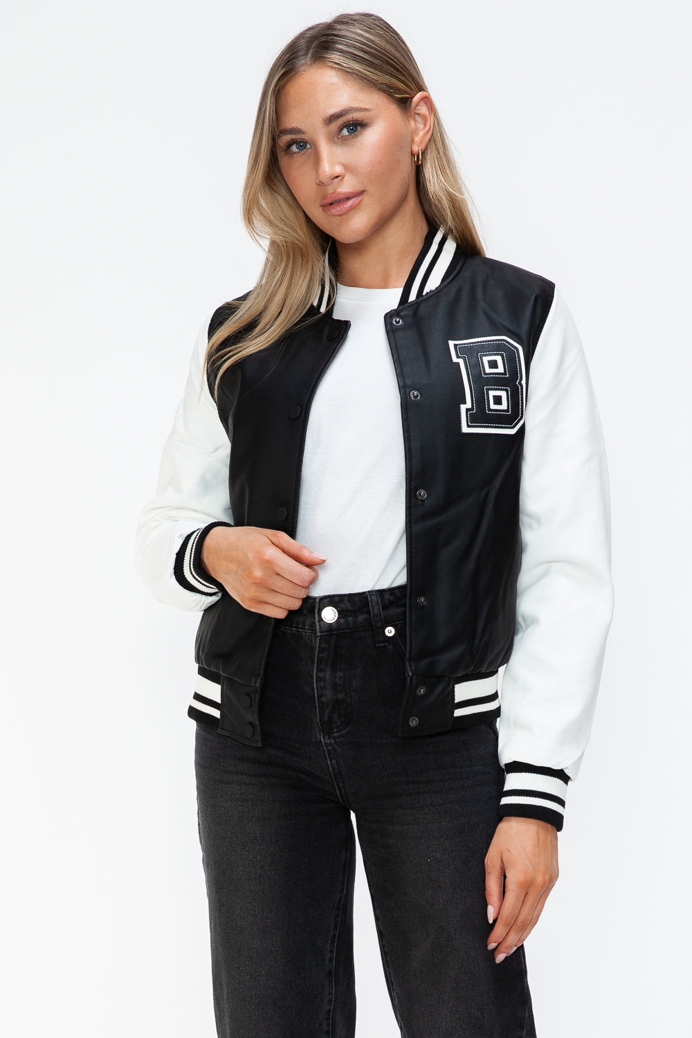 Love Me Now PU Leather Contrast Snap Down Bomber Jacket - Teresa's Fashionista LLC
