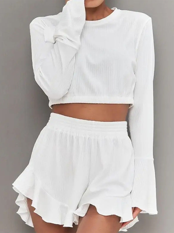 Round Neck Long Sleeve Top and Ruffled Shorts Set-Teresa's Fashionista LLC