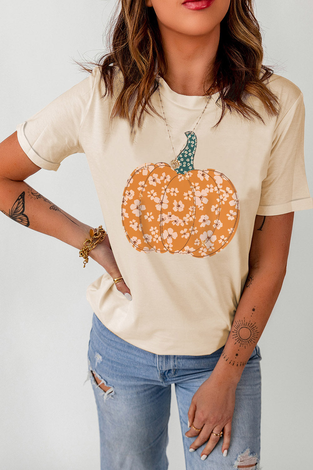 Pumpkin Graphic Round Neck Cuffed T-Shirt - Teresa's Fashionista LLC