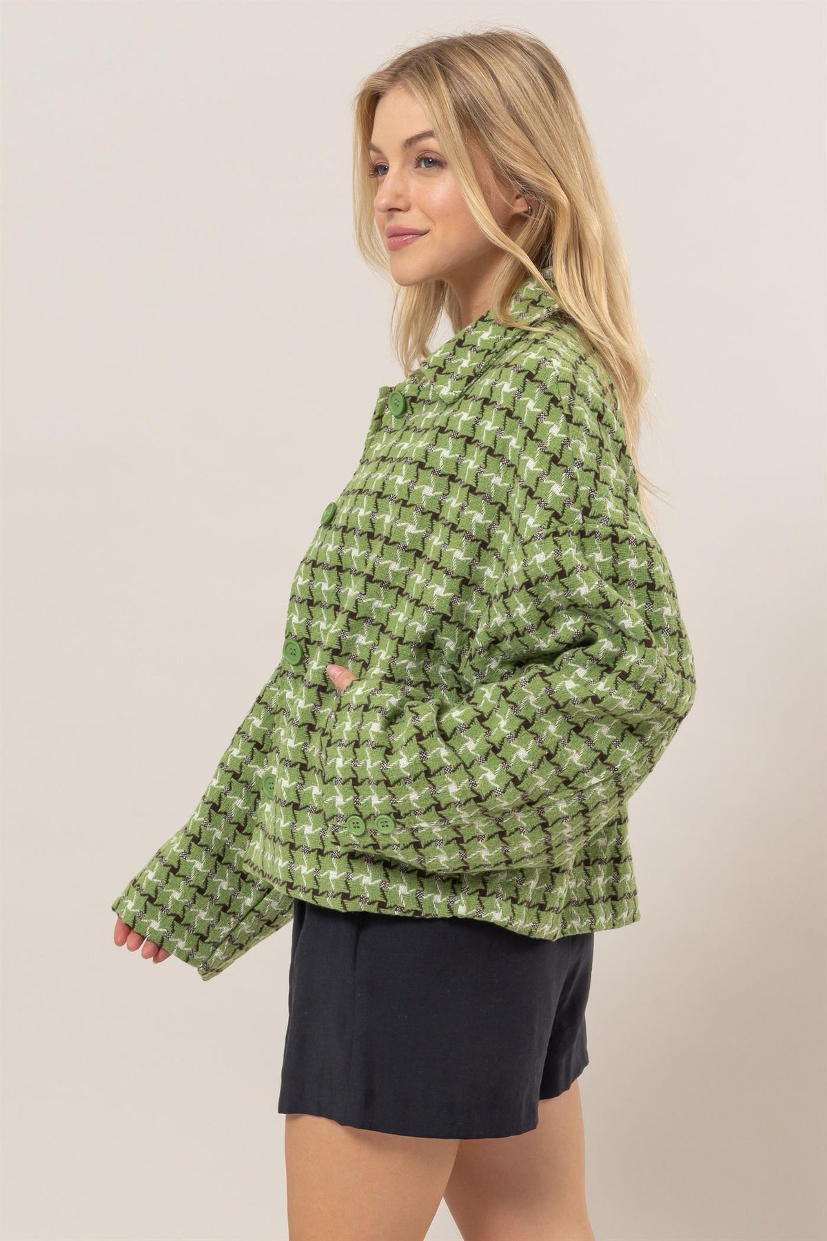 HYFVE Tweed Plaid Button Up Collared Neck Jacket - Teresa's Fashionista LLC