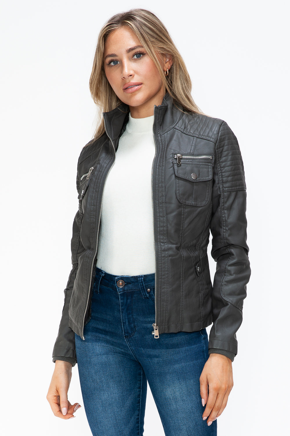 YMI Removable Faux Layered Multi-Pocket Jacket with Fuzzy Hood - Teresa's Fashionista LLC