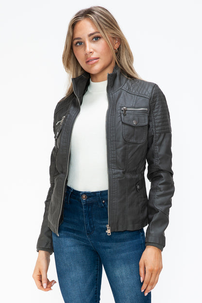 YMI Removable Faux Layered Multi-Pocket Jacket with Fuzzy Hood - Teresa's Fashionista LLC