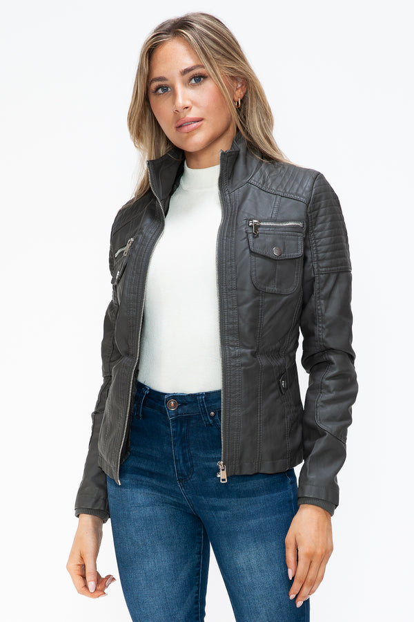 YMI Removable Faux Layered Multi-Pocket Jacket with Fuzzy Hood - Teresa's Fashionista LLC