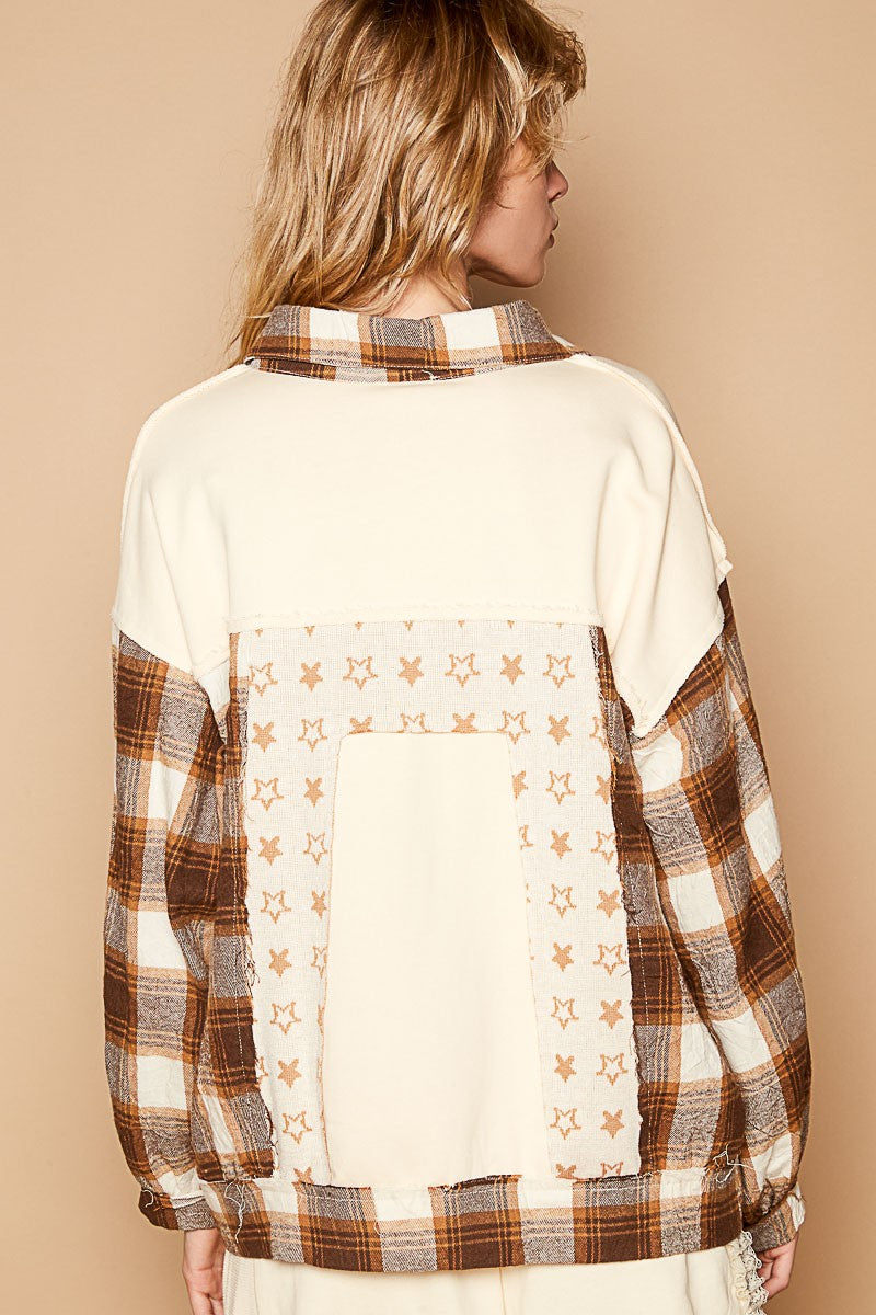 POL Plaid & Star Patchwork Contrast Long Sleeve Shacket - Teresa's Fashionista LLC