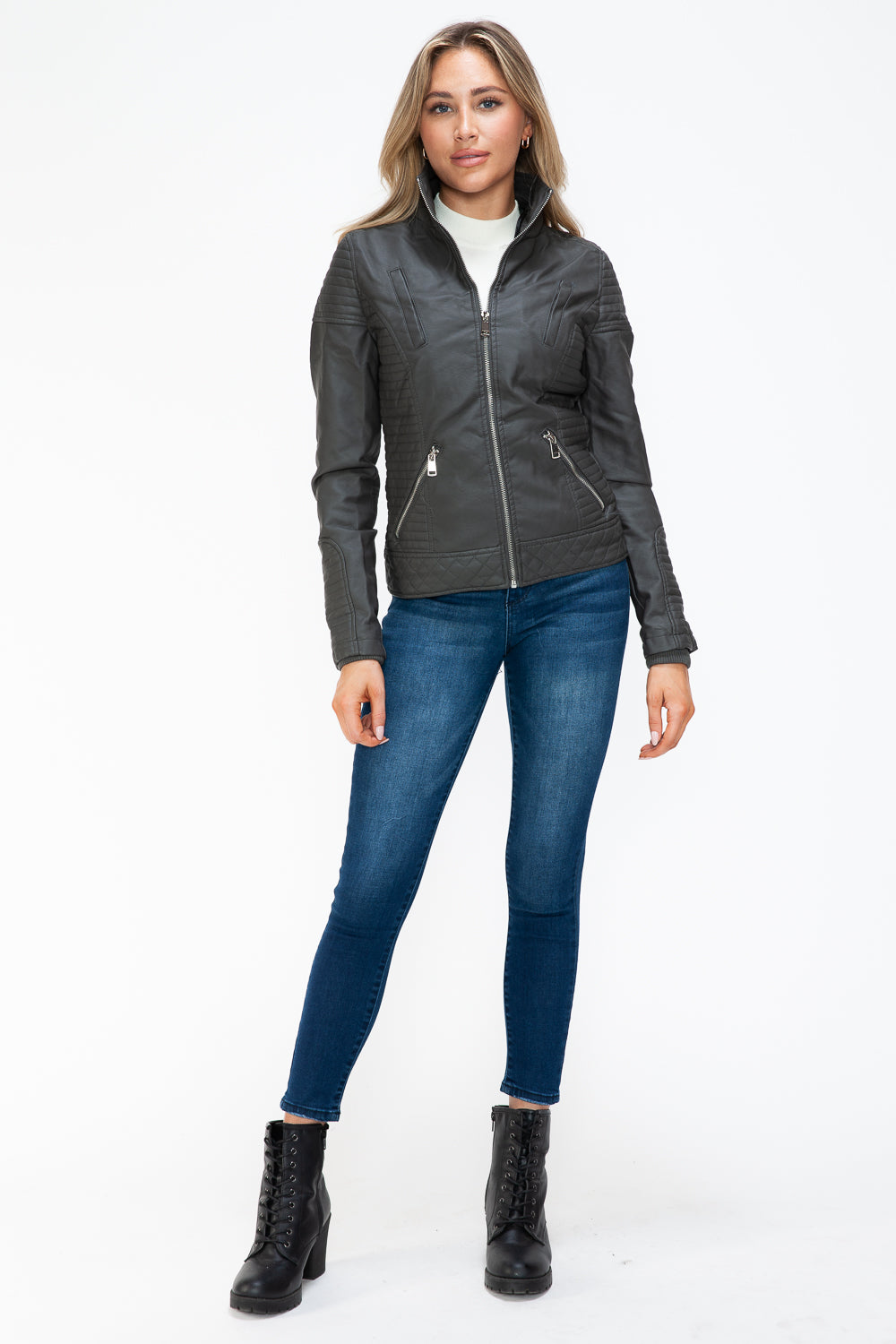 YMI Faux Layered Double-Zipper Jacket with Fuzzy Hood - Teresa's Fashionista LLC