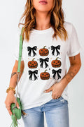Pumpkin round neck short sleeve t-shirt with Halloween pumpkin and bow design.