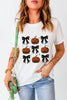 Pumpkin round neck short sleeve t-shirt with Halloween pumpkin and bow design.