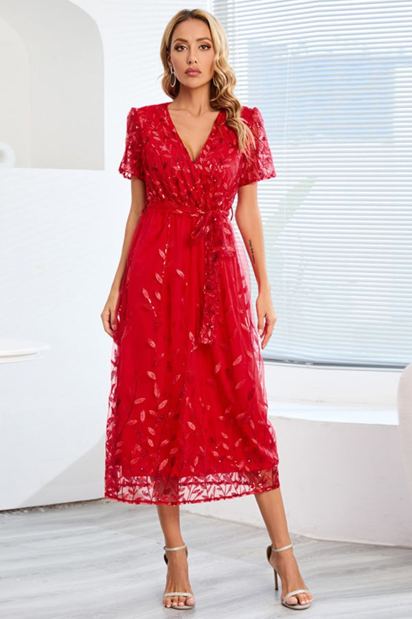 Sequin Leaf Embroidery Tie Front Short Sleeve Dress-Teresa's Fashionista LLC