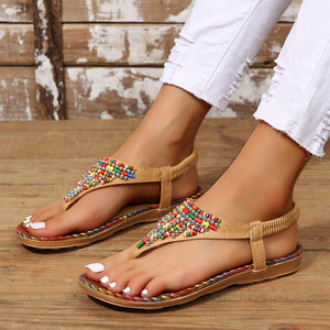 PU Leather Beaded Flat Sandals-Teresa's Fashionista LLC