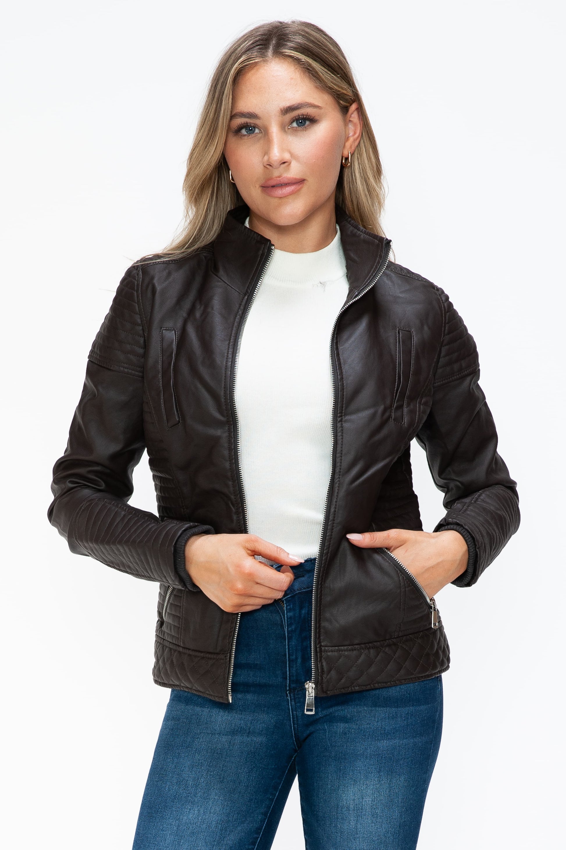 YMI Faux Layered Double-Zipper Jacket with Fuzzy Hood - Teresa's Fashionista LLC