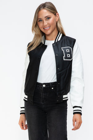 Love Me Now PU Leather Contrast Snap Down Bomber Jacket - Teresa's Fashionista LLC
