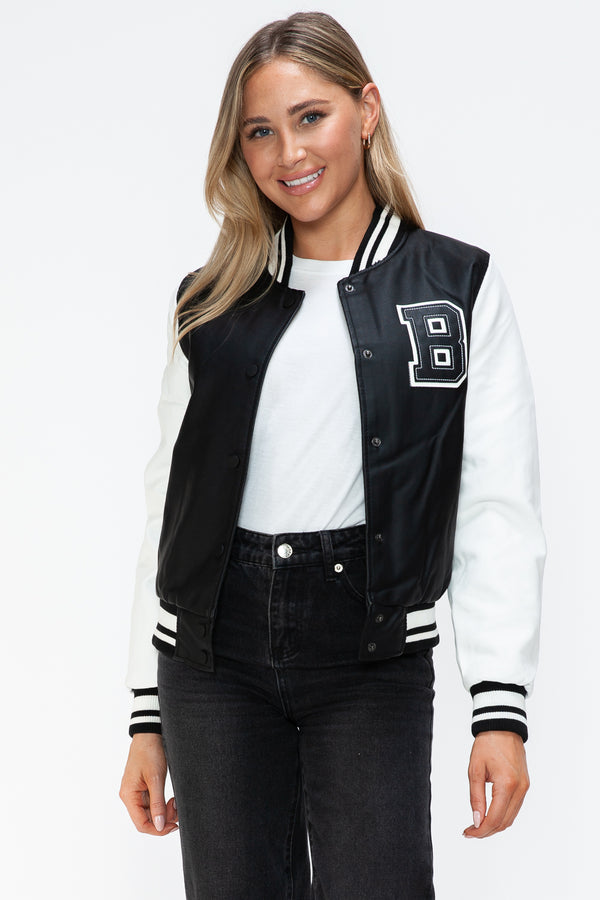 Love Me Now PU Leather Contrast Snap Down Bomber Jacket - Teresa's Fashionista LLC