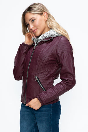 YMI Faux Layered Double-Zipper Jacket with Fuzzy Hood - Teresa's Fashionista LLC