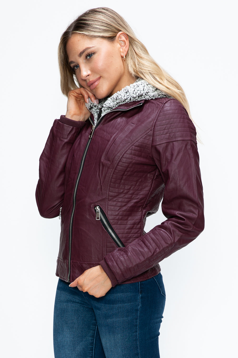YMI Faux Layered Double-Zipper Jacket with Fuzzy Hood - Teresa's Fashionista LLC