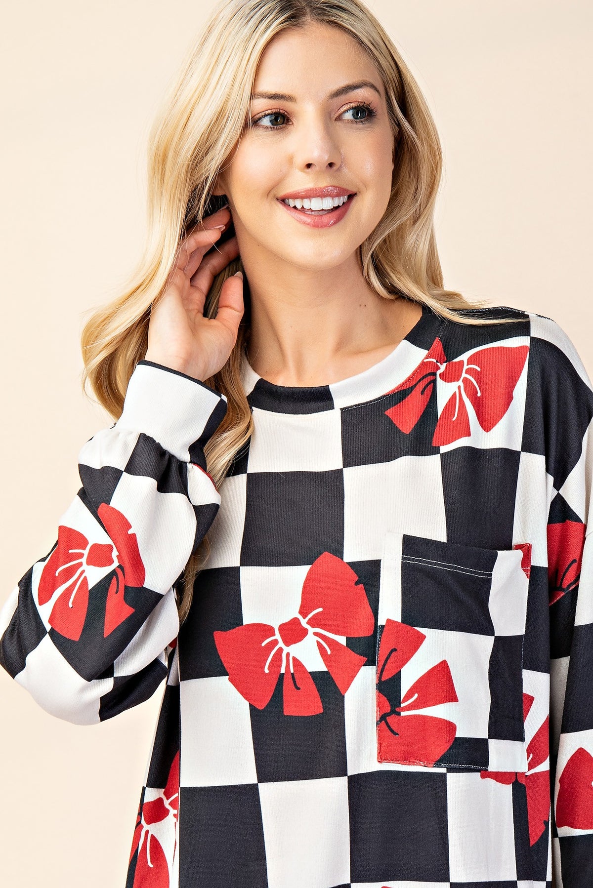 Celeste Full Size Checkered Bow Print Round Neck T-Shirt - Teresa's Fashionista LLC