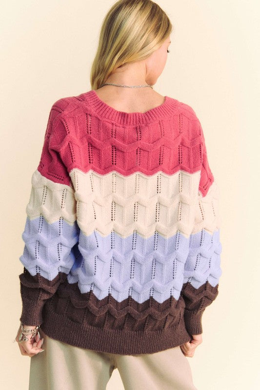 Davi & Dani Wavy Texture Color Block V-Neck Sweater - Teresa's Fashionista LLC