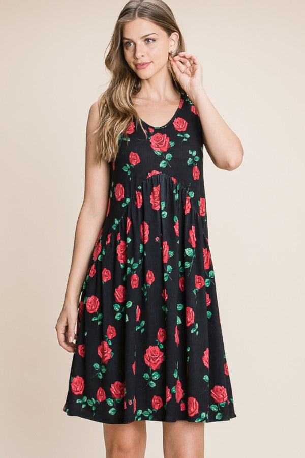 BOMBOM Floral Ruched Tank Dress-Teresa's Fashionista LLC
