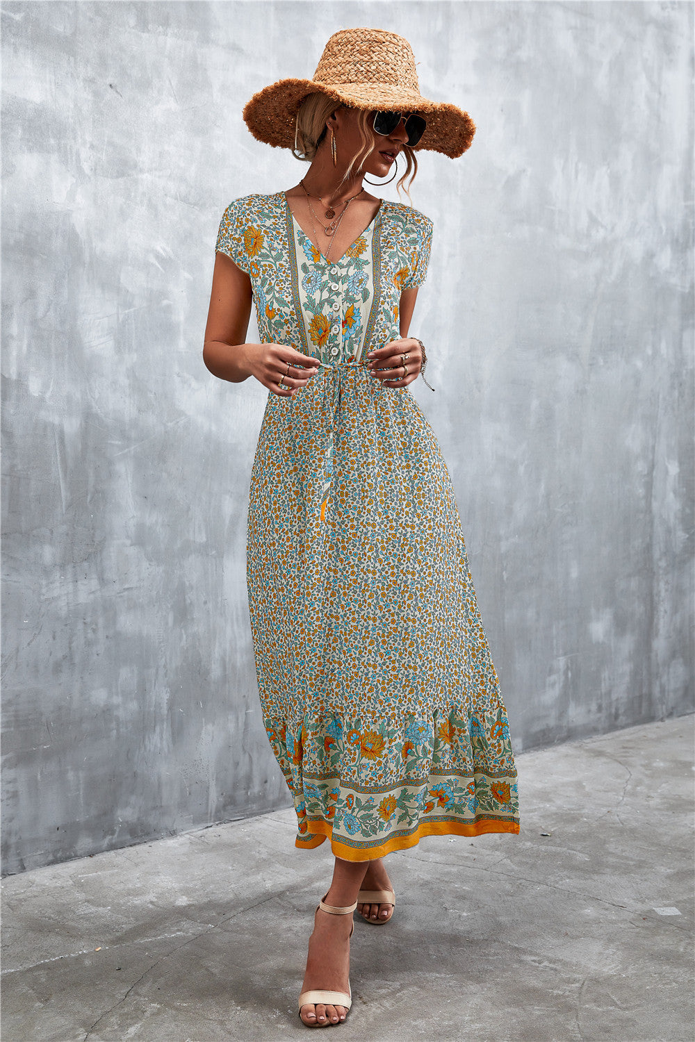 V-Neck Short Sleeve Printed Maxi Dress-Teresa's Fashionista LLC
