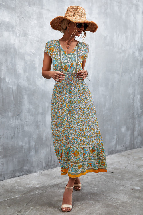 V-Neck Short Sleeve Printed Maxi Dress-Teresa's Fashionista LLC