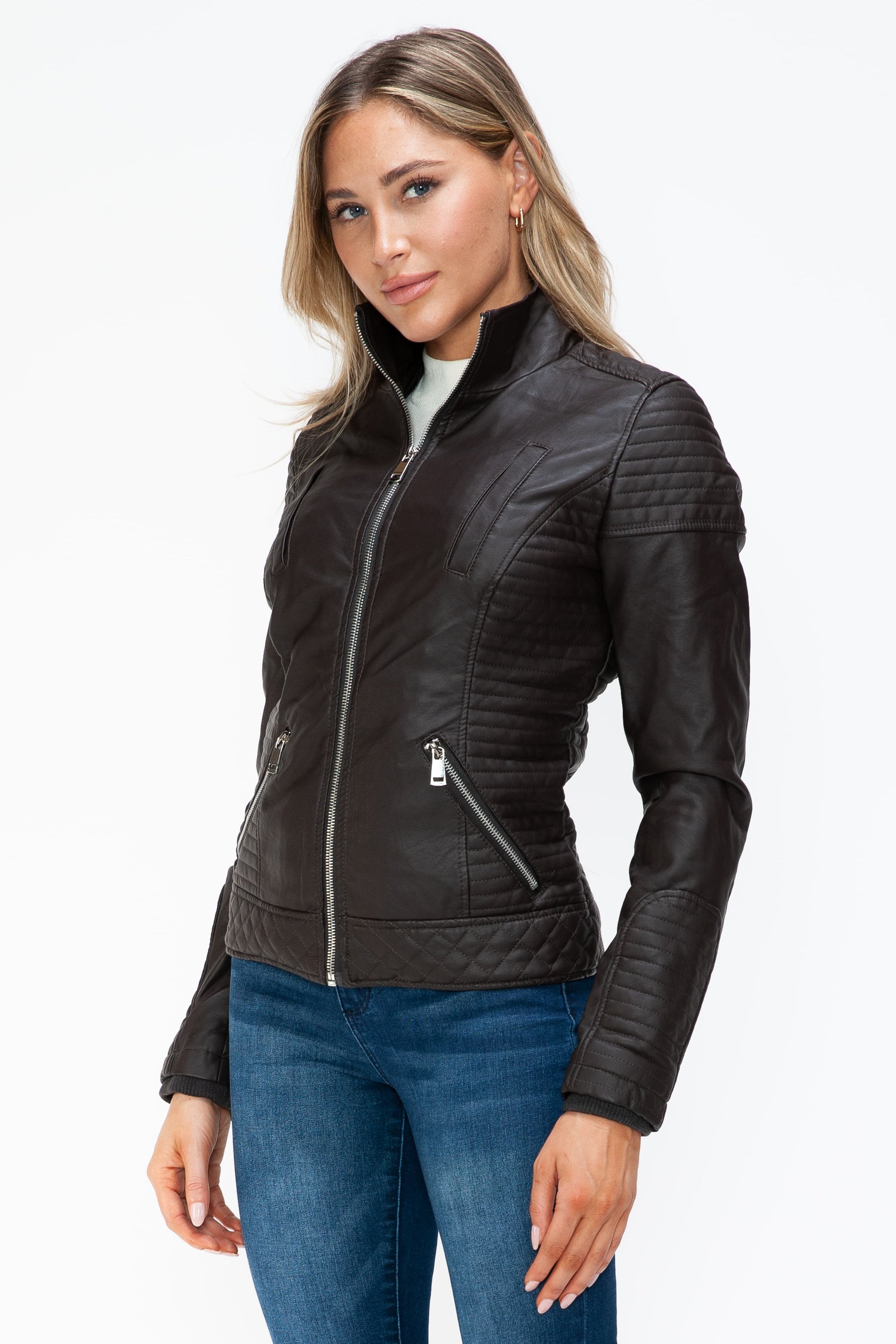 YMI Faux Layered Double-Zipper Jacket with Fuzzy Hood - Teresa's Fashionista LLC
