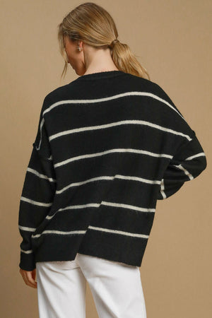 Umgee Wool Blend Striped Round Neck Sweater - Teresa's Fashionista LLC