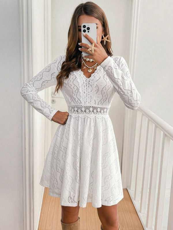 Lace Detail V Neck Long Sleeve Mini Dress - Teresa's Fashionista LLC
