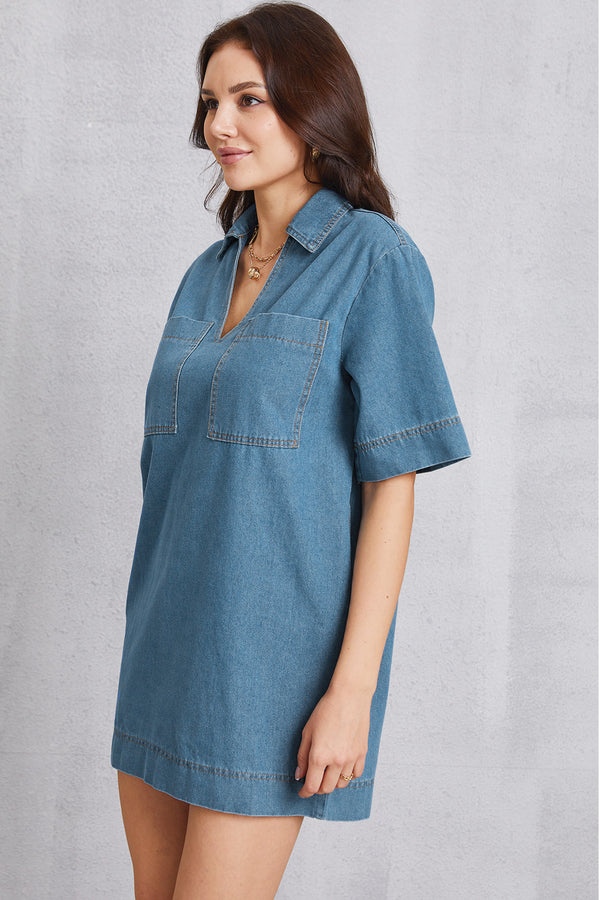Pocketed Collared Neck Mini Denim Dress-Teresa's Fashionista LLC