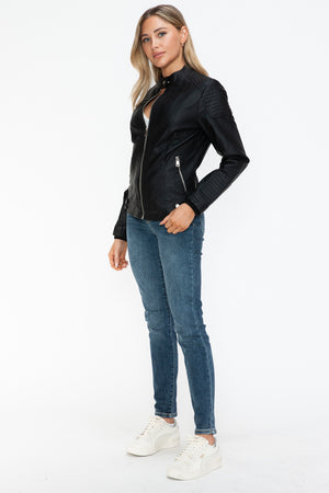 Snobbish Faux Leather Biker Jacket with Side Zip Pockets - Teresa's Fashionista LLC