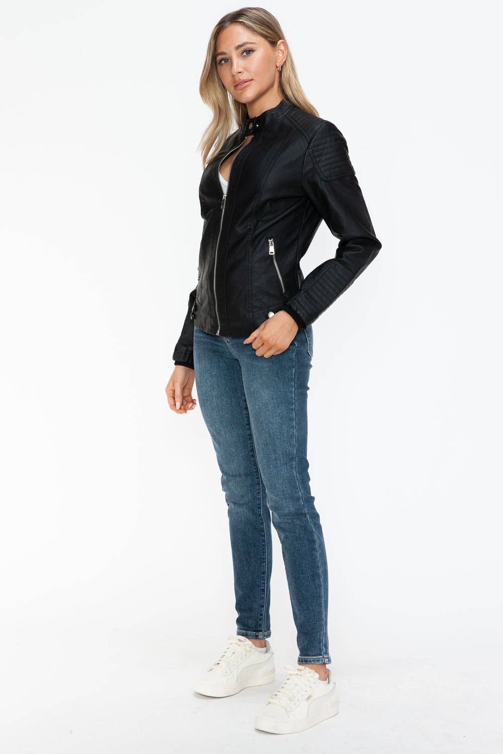 Snobbish Faux Leather Biker Jacket with Side Zip Pockets - Teresa's Fashionista LLC