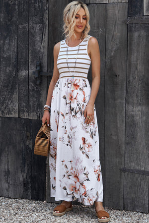 Striped Floral Round Neck Sleeveless Maxi Dress-Teresa's Fashionista LLC