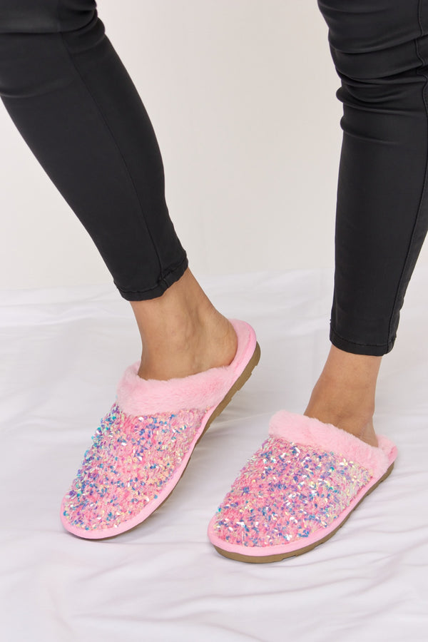 Forever Link Sequin Plush Round Toe Slippers-Teresa's Fashionista LLC